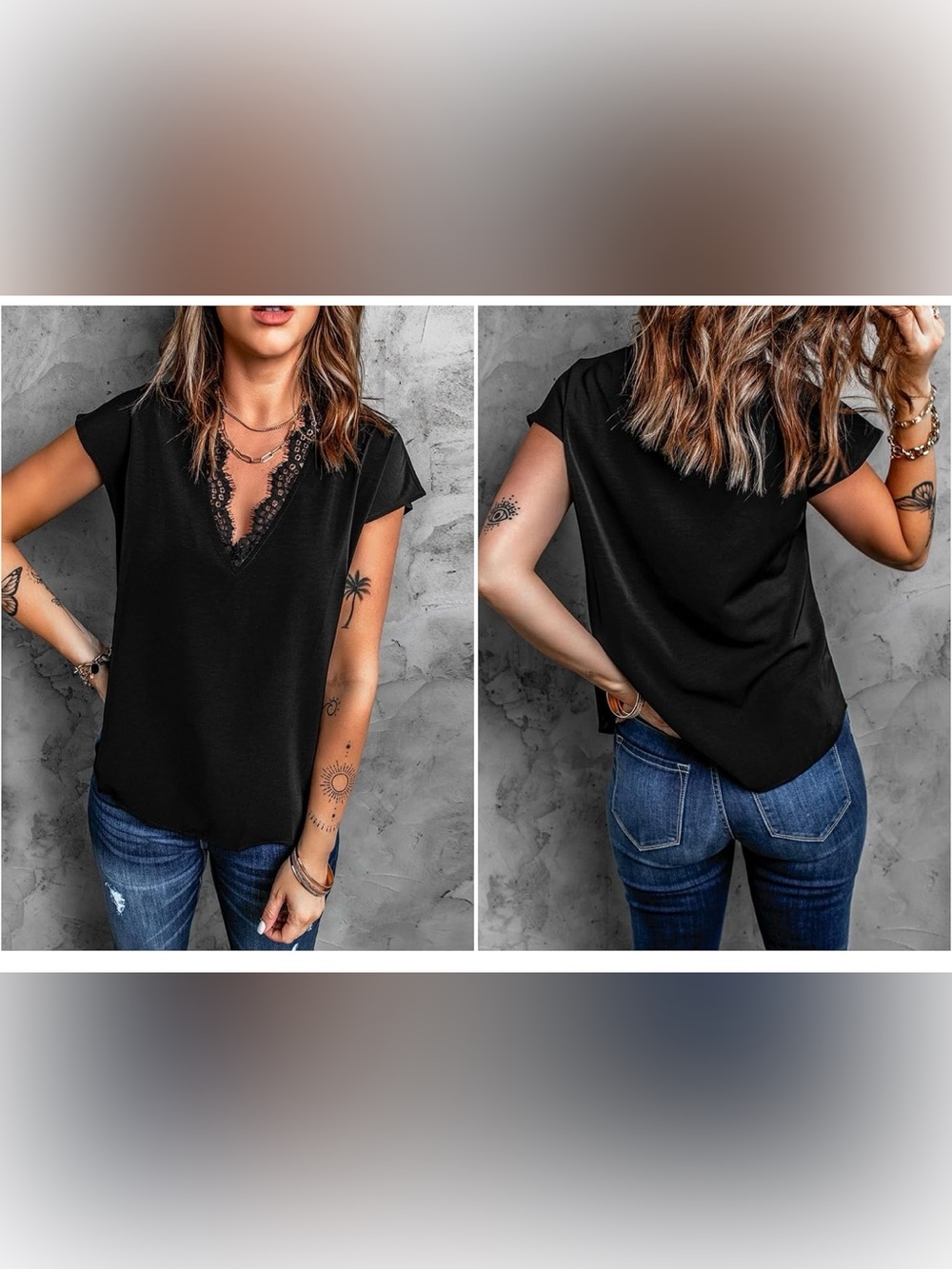 Women's Black Lace Trim V-Neck Top
